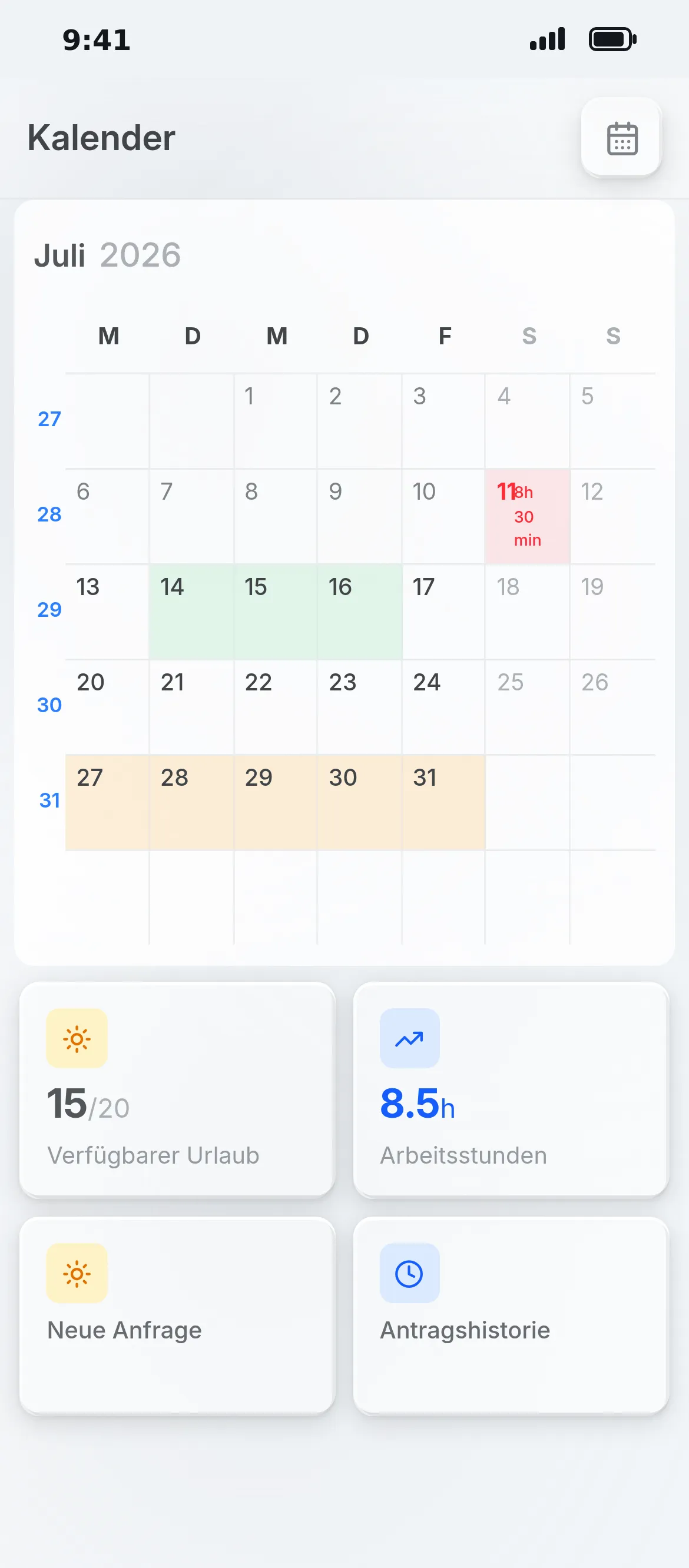 Calendario nell'app Oraria