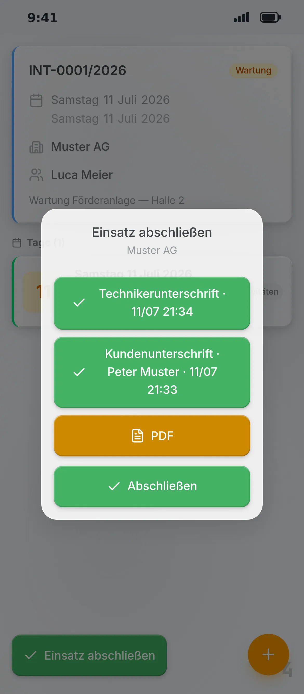 Technician and client signatures collected in the Oraria app