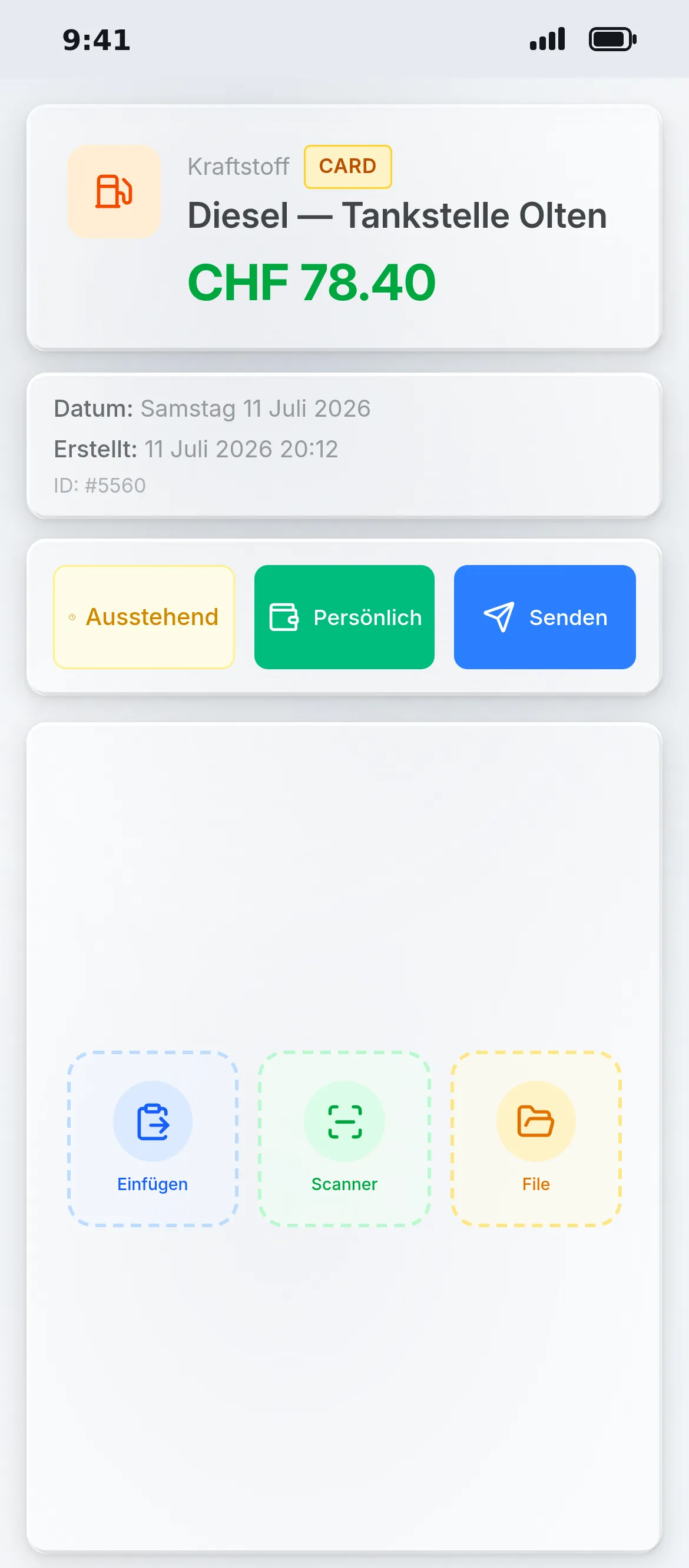 Receipt in the Oraria app
