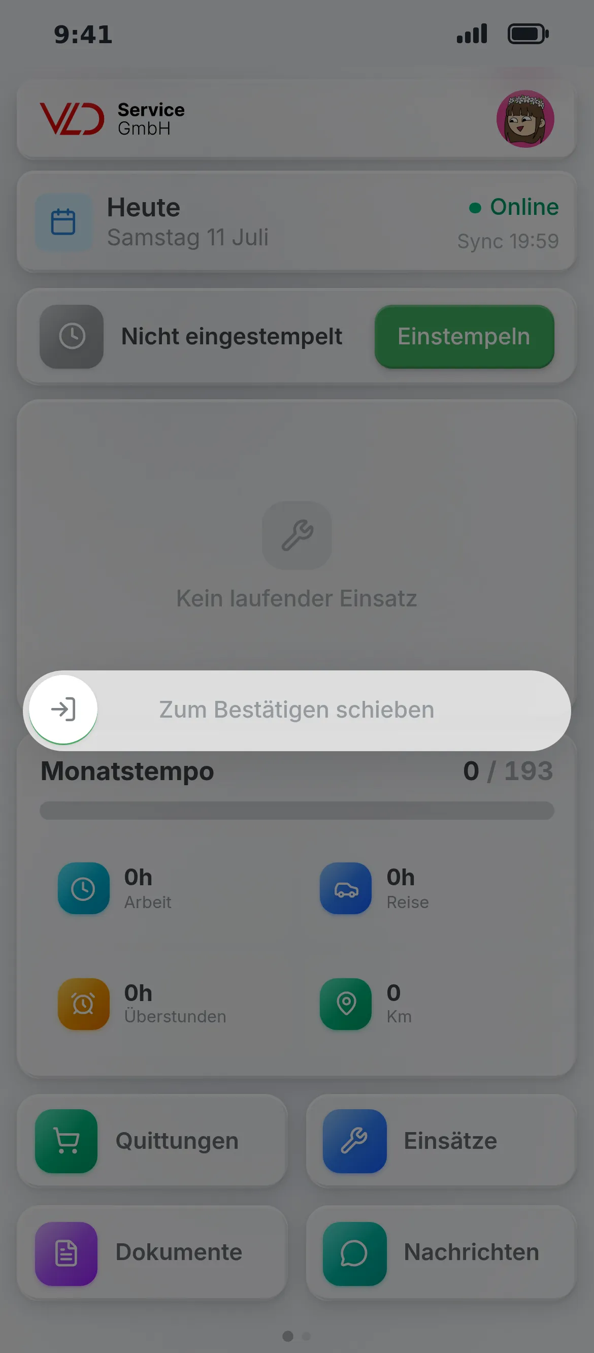 Clocking in the Oraria app